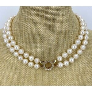 Vintage Double Strand 8.5mm Pearl Necklace 18k Gold Channel Set 14 Diamond Clasp